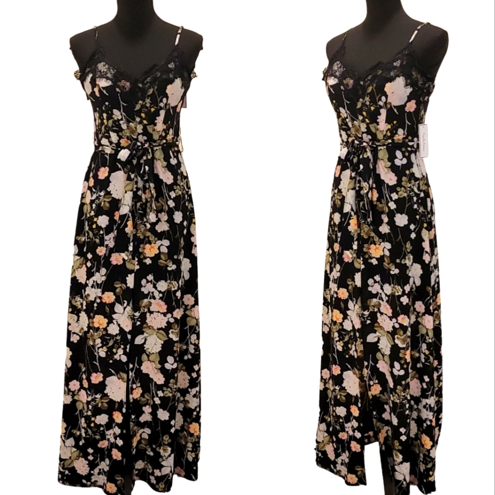 Premier Amour Bohemian Floral Lace Slit Tie Maxi Dress